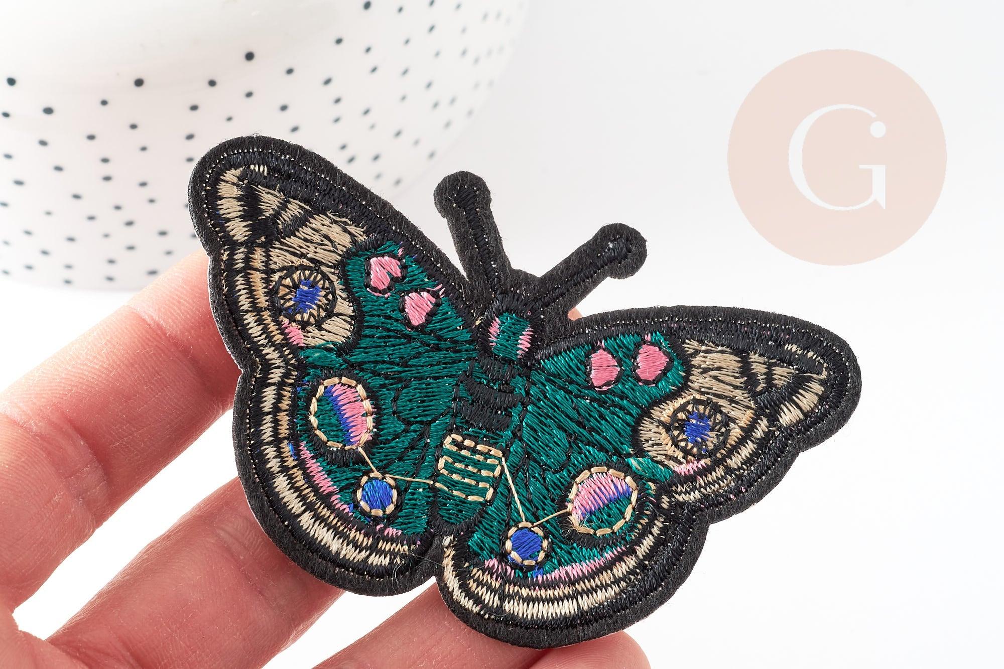 Ecusson brodé à repasser papillon vert 87mm, customisation vêtement, écusson thermocollant,patch écusson brodé, x1 G3263