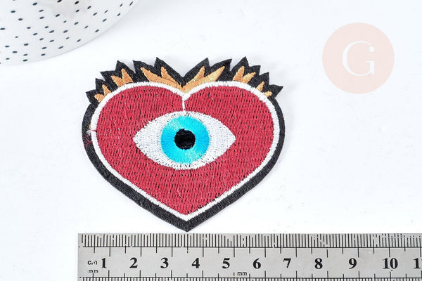 Ecusson coeur rouge brodé à repasser thermocollant 64mm, x1 (G8428)