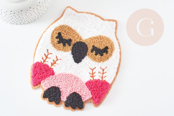 Ecusson eponge à repasser hibou chouette rose customisation vêtement, écusson thermocollant,patch écusson brodé,18cm, x1 G2859