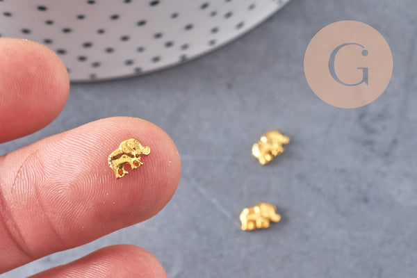 Éléphant à coller zamac doré 4x7mm,fournitures à coller pour décorer pierres et bijoux, x3 (G5280)