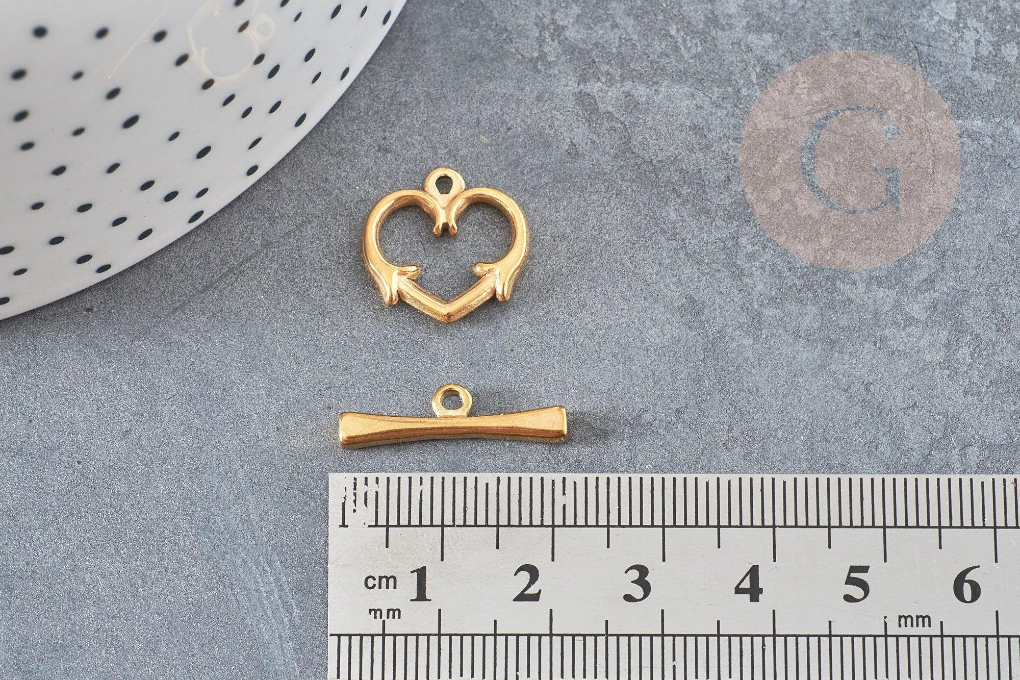 Fermoir T coeur acier doré inoxydable 15.5mm, x1 (G3656)
