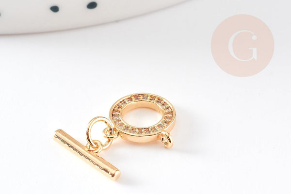 Fermoir T laiton doré 18k cristaux zircon 18mm, x1 (G5302)