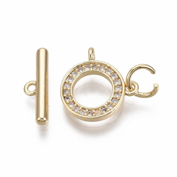 Fermoir T laiton doré 18k cristaux zircon 18mm, x1 (G5302)