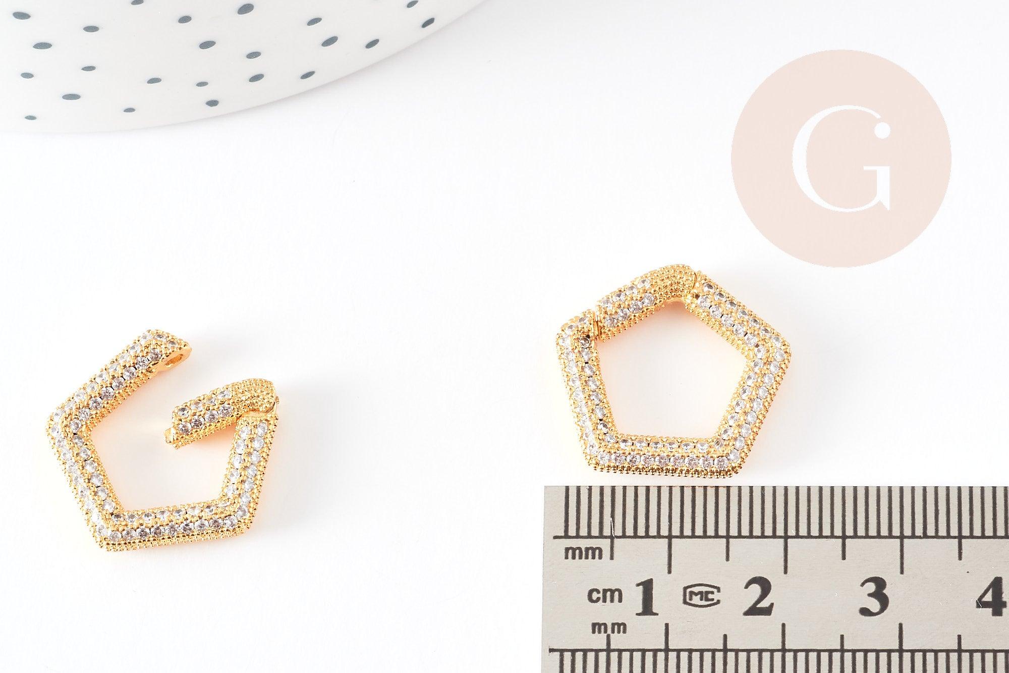 Fermoir à clapet hexagone laiton doré 16k zircon blanc 21mm, x1 (G6686)