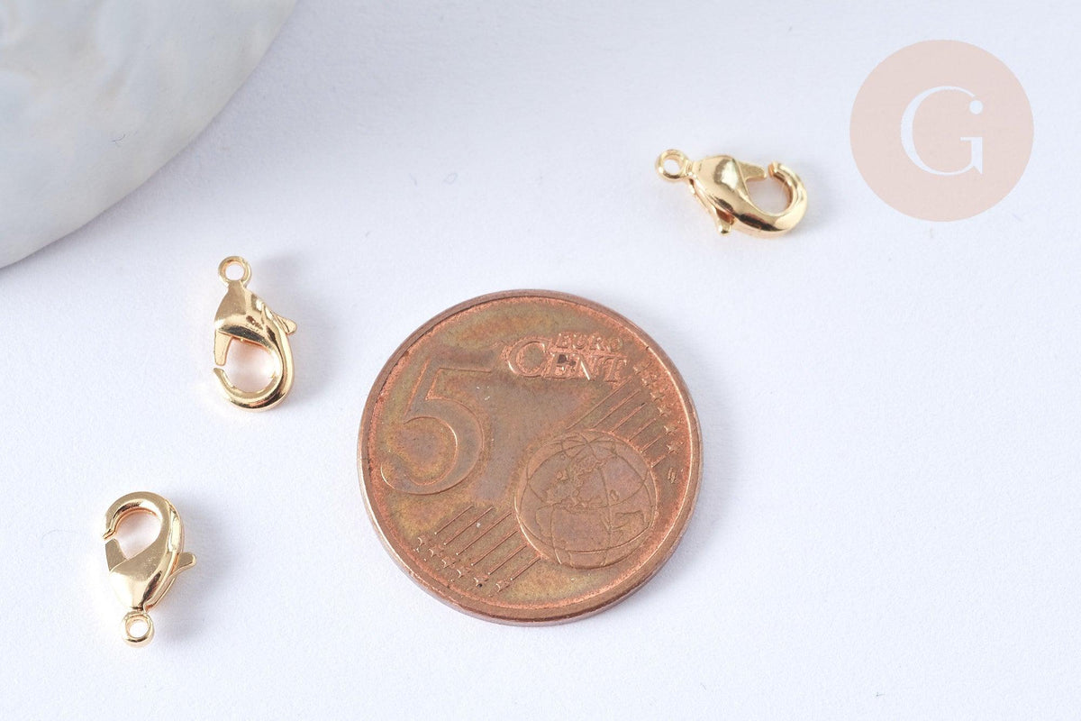 Fermoirs mousquetons laiton doré 18k 9mm pince homard, x10 (G1318)