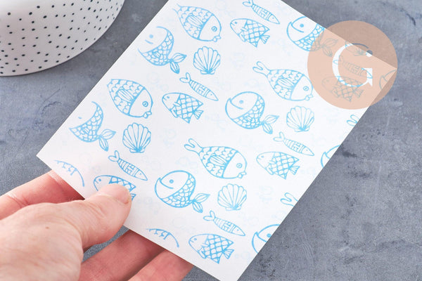 Feuille de transfert polymère – Gros poissons & coquillages turquoise 14x10 cm, x1 (G10773)