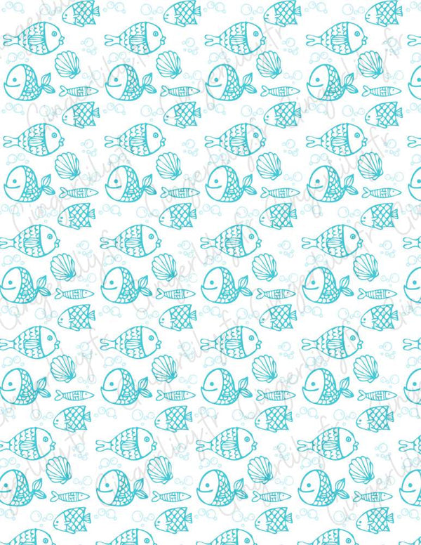 Feuille de transfert polymère – Gros poissons & coquillages turquoise 14x10 cm, x1 (G10773)