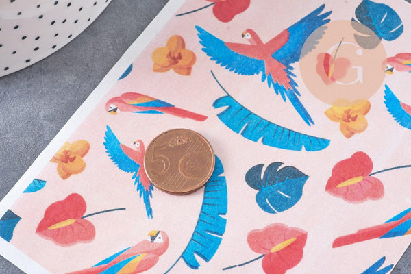 Feuille de transfert polymère – Perroquets multicolores 14x10 cm, x1 (G10771)