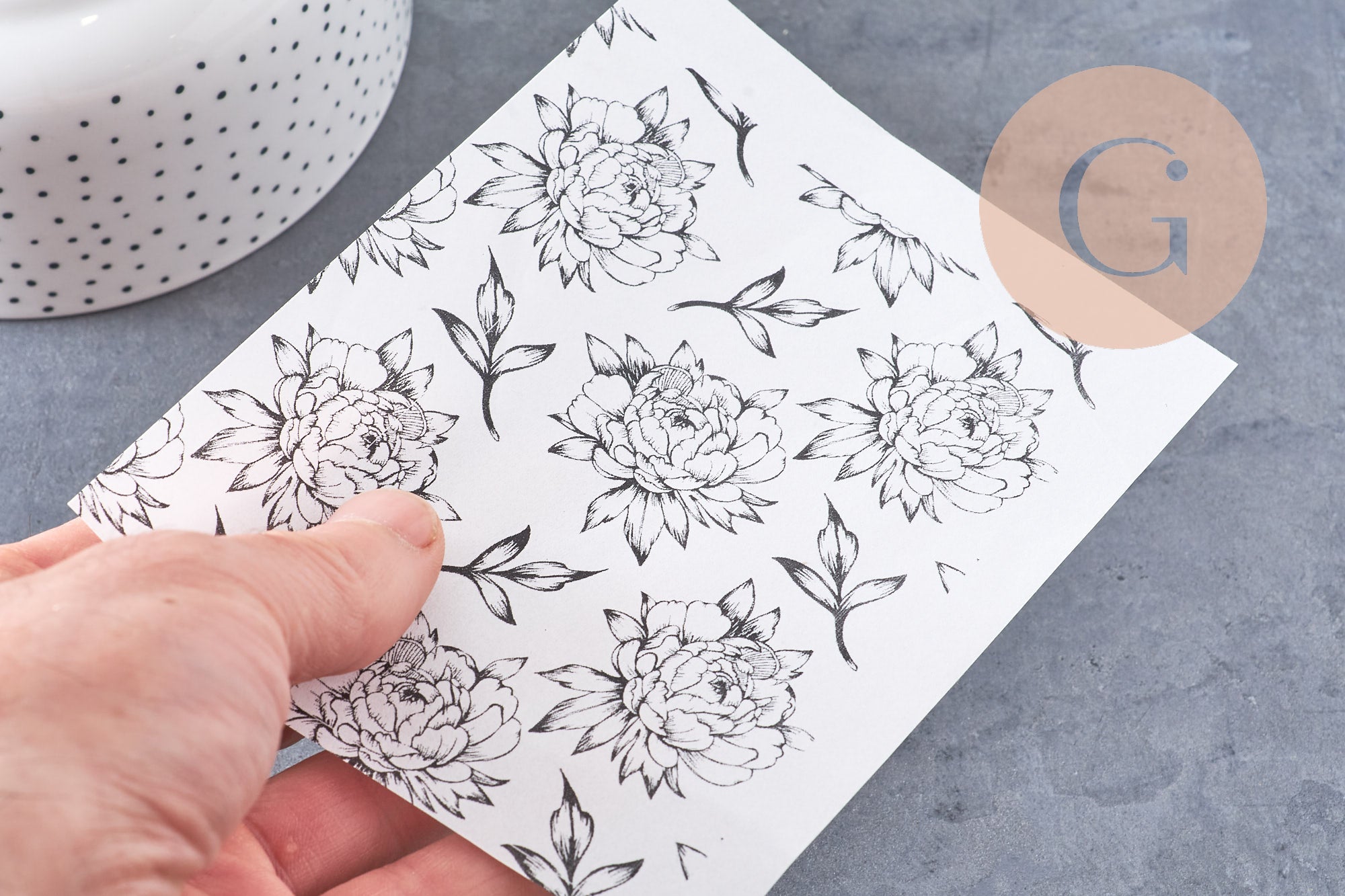 Feuille de transfert polymère – Pivoines Noir & blanc 14x10 cm, x1 (G10762)