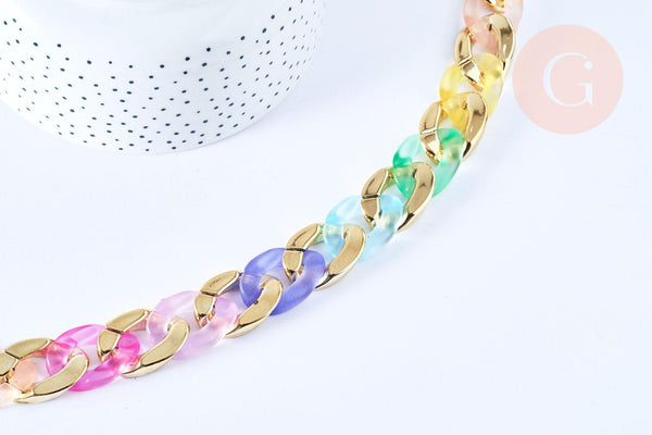 Grosse Chaine acrylique multicolore et plastique doré 30x21mm, création dragonne lannière de sac, x1 mètre (G4964)