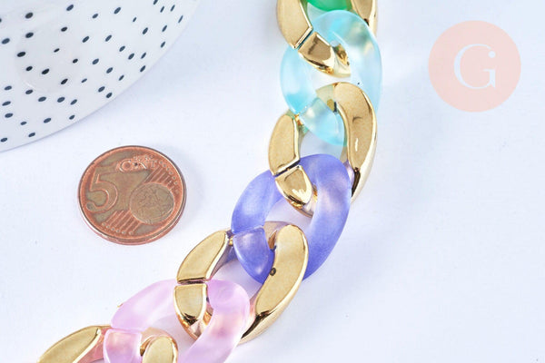 Grosse Chaine acrylique multicolore et plastique doré 30x21mm, création dragonne lannière de sac, x1 mètre (G4964)