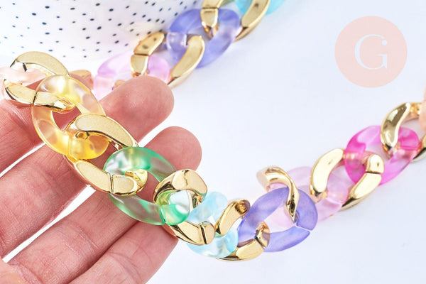 Grosse Chaine acrylique multicolore et plastique doré 30x21mm, création dragonne lannière de sac, x1 mètre (G4964)