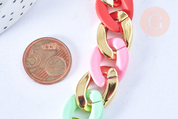 Grosse Chaine acrylique multicolore pastel et plastique doré,perle acétate, création bijoux,chaine plastique,23x16.5mm, x1 mètre (G4963)