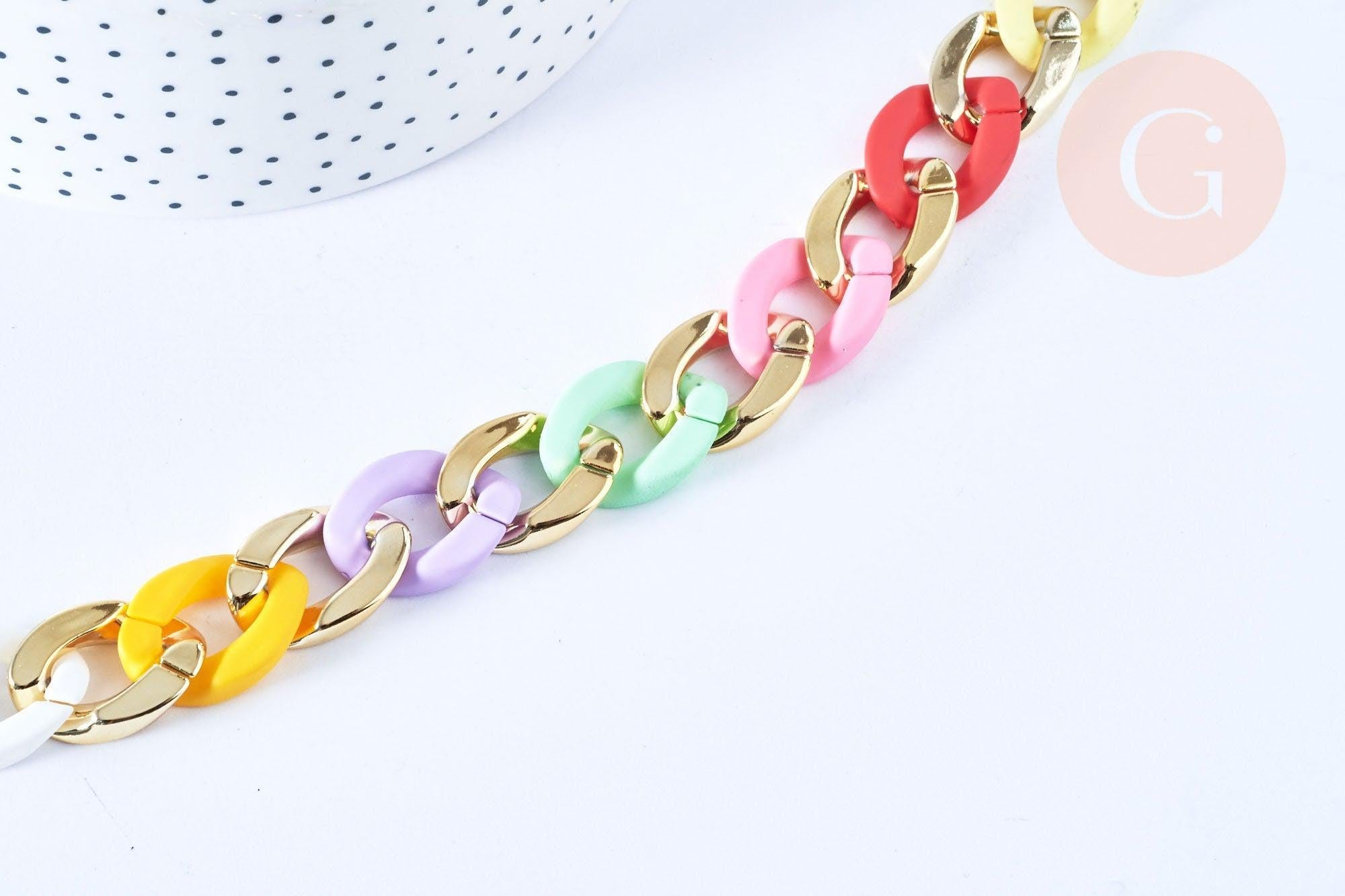 Grosse Chaine acrylique multicolore pastel et plastique doré,perle acétate, création bijoux,chaine plastique,23x16.5mm, x1 mètre (G4963)