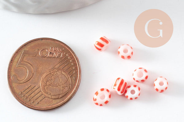 Grosse Perle rocaille rayé rouge blanc 3-4.5mm, x 10gr (G9419)