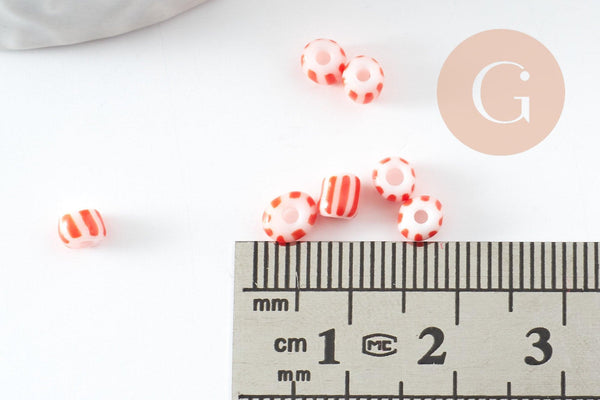 Grosse Perle rocaille rayé rouge blanc 3-4.5mm, x 10gr (G9419)