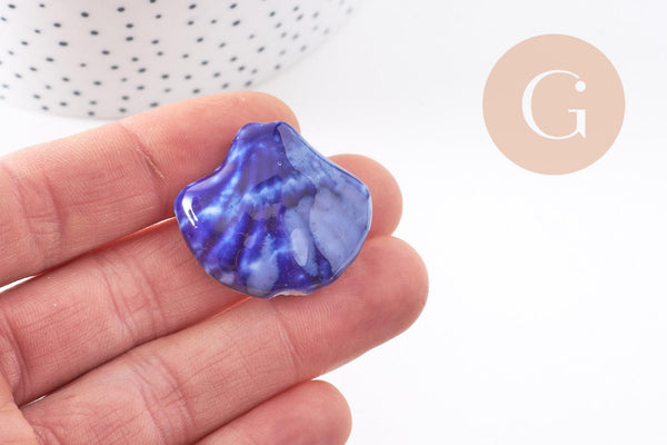 Grosse perle porcelaine bleu foncé coquillage, perle céramique géométrique fabrication en céramique, 29-33mm, x2 (G5377)