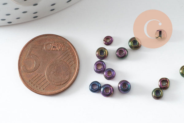 Grosses perles rocaille noires irisées 4mm,perles rocaille arc-en-ciel, x 10 Gr (G2899)