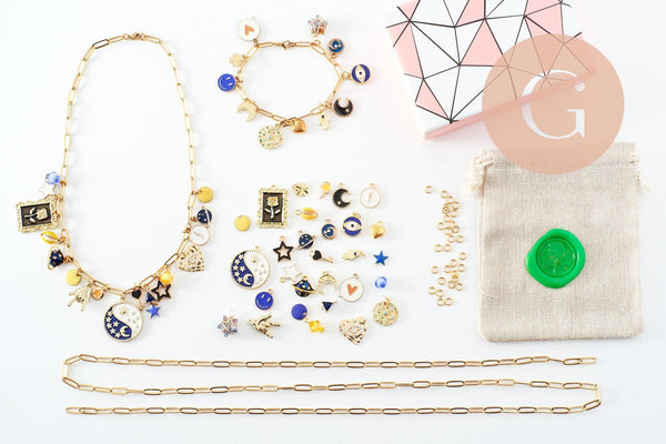 Kit Bracelet + Collier DIY – Thème Mystique / Océan / Fruits – Breloques + Chaîne Dorée – Idéal débutante & cadeau, x1 (G9554)