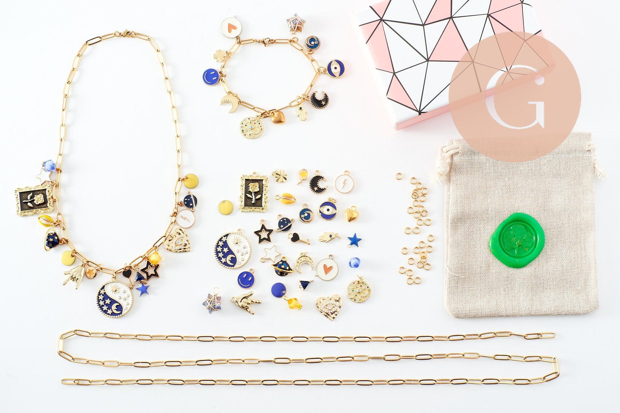 Kit Bracelet + Collier DIY – Thème Mystique / Océan / Fruits – Breloques + Chaîne Dorée – Idéal débutante & cadeau, x1 (G9554)