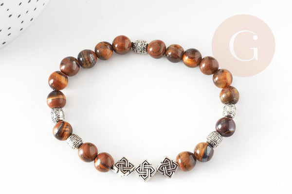 Kit Bracelet pour Homme Oeil de tigre naturel zamac argenté LEILO, pochette 1 bracelet (G9176)