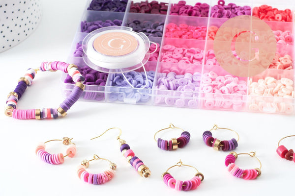 Kit mix de perles heishi violet rose, Coffret et kit pour création de bijoux fantaisie, x1 G9788