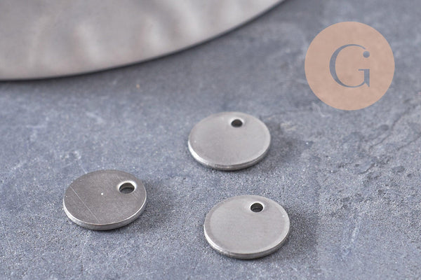 Médaille acier argenté finition mate,fournitures créatives, médaillon argent,création collier, fournitures argentées, 8mm, x10 (G1622)