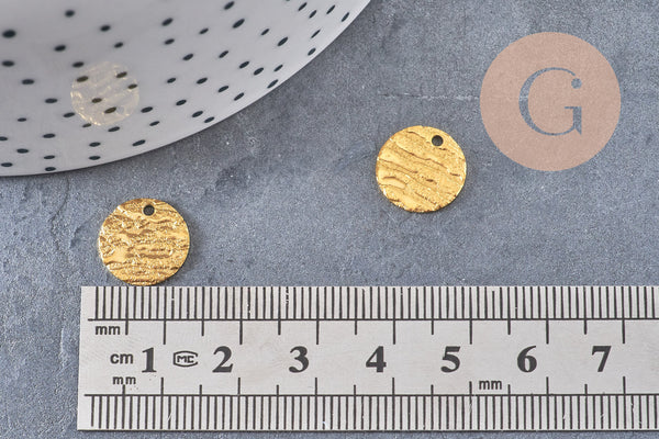 Médaille ronde texturée dorée acier 304 inoxydable doré IP 12mm, x10 (G4633)