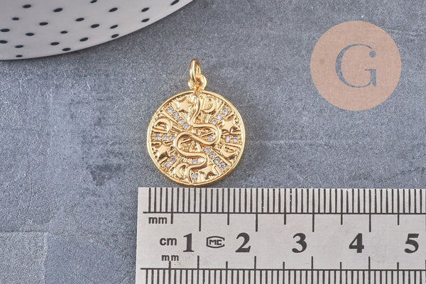 Médaille serpent laiton doré 18k cristal,sans nickel,pendentif animal, Pendentif zircon,18.5mm, x1 G5518