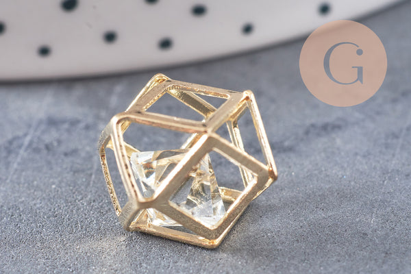 Pendentif 3D connecteur hexagone doré cristal transparent facettes,pendentif cage cristal doré,création bijoux,17mm, x2 G3706