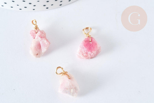 Pendentif Agate teintée naturelle nugget brute rose fer doré 13~32mm, pierre naturelle,x1 (G7584)
