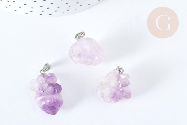 Pendentif Améthyste naturelle pierre brute laiton platine 20~26mm, création bijoux pierre naturelle, x1 (G7903)