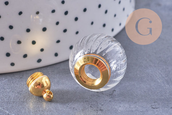 Pendentif Bouteille bulle en verre et bouchon en laiton doré 27mm, x1 (G10617)