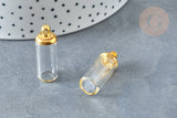 Pendentif Bouteille colonne en verre et capuchon en laiton doré 28.5mm,x1 (G7935)