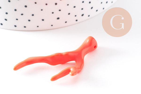 Pendentif Branche forme corail plastique orange 46-48mm, x2 (G10491)