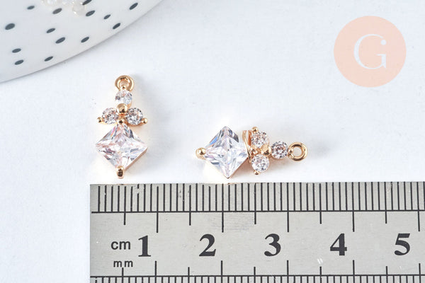 Pendentif Breloque losange laiton doré zircons 17mm, pendentif géométrique, x1 (G6967)