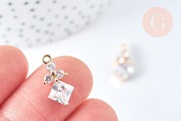 Pendentif Breloque losange laiton doré zircons 17mm, pendentif géométrique, x1 (G6967)