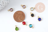 Pendentif Breloque rond verre facetté acier 304 inoxydable doré IP 9.5mm, x1 (G9107)