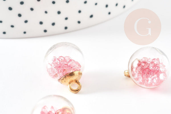 Pendentif Bulle globe verre chips rose et CCB doré 20mm, création bijoux original DIY, x1 (G9129)