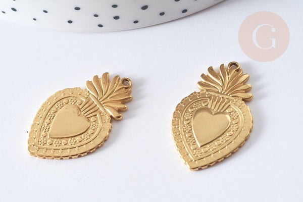Pendentif Cœur acier 304 inoxydable doré 30mm, x1 (G7977)