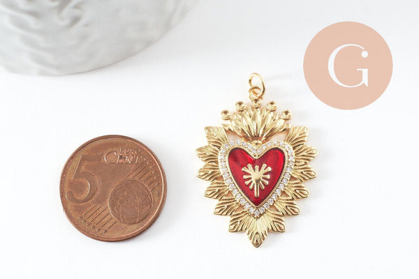 Pendentif Cœur ex-voto zircon émail rouge laiton doré 18K 32mm, x1 (G9548)