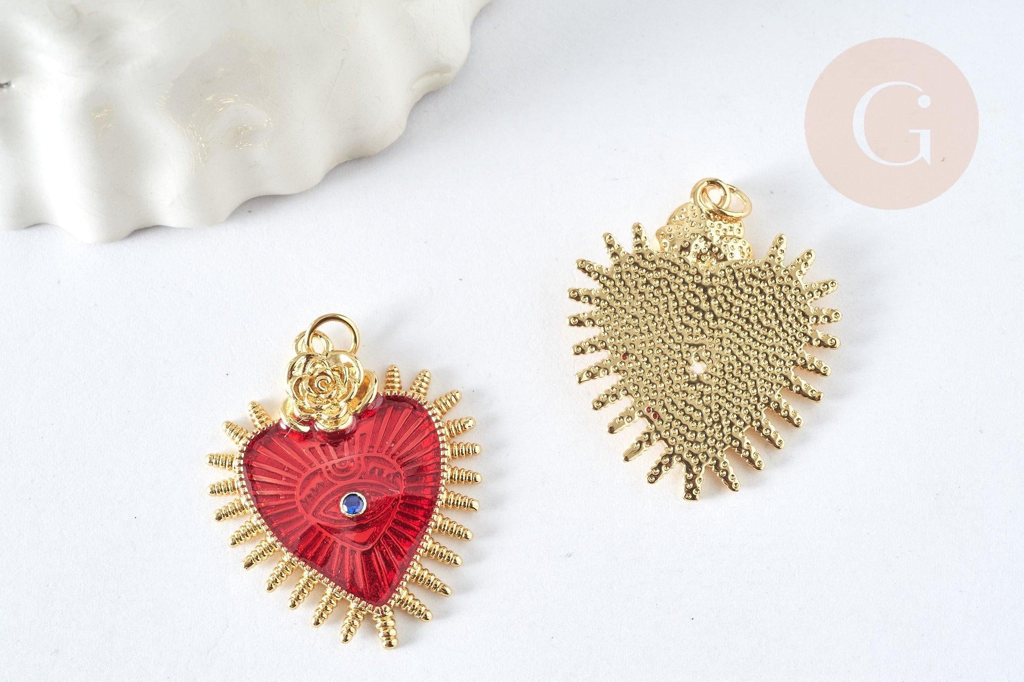 Pendentif Cœur mauvais œil émail rouge foncé laiton doré 30mm, x1 (G8407)
