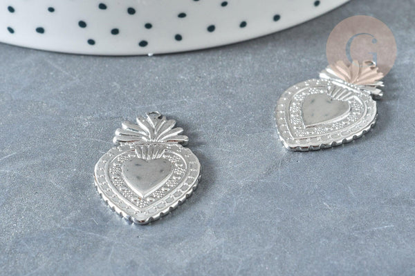 Pendentif Cœur sacré acier 304 inoxydable platine 30mm, x1 (G8018)