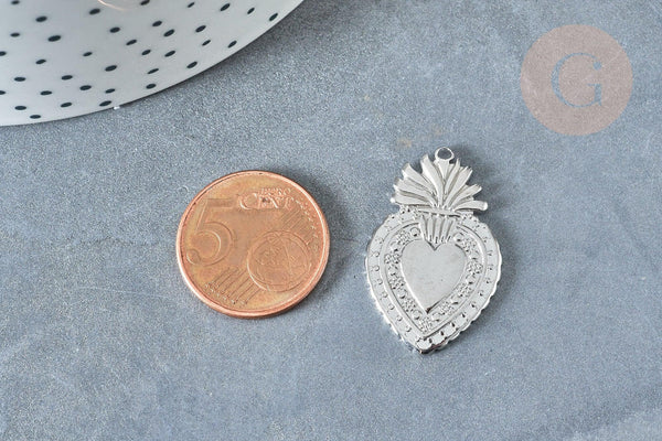 Pendentif Cœur sacré acier 304 inoxydable platine 30mm, x1 (G8018)