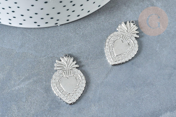 Pendentif Cœur sacré acier 304 inoxydable platine 30mm, x1 (G8018)