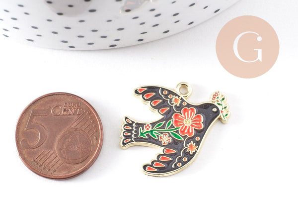Pendentif Colombe noir à fleurs zamac doré 26mm, x2 (G10157)