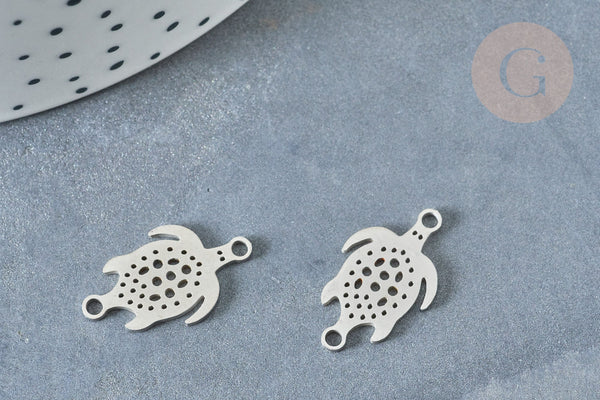 Pendentif Connecteur Tortue ajouré acier 304 inoxydable argenté 19,5mm, fabrication de bijoux acier inoxydable, x1 G8325