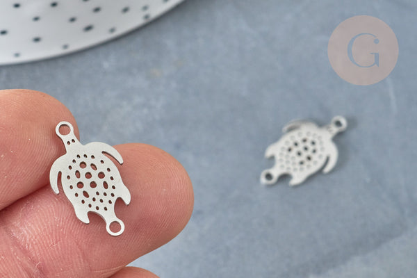 Pendentif Connecteur Tortue ajouré acier 304 inoxydable argenté 19,5mm, fabrication de bijoux acier inoxydable, x1 G8325
