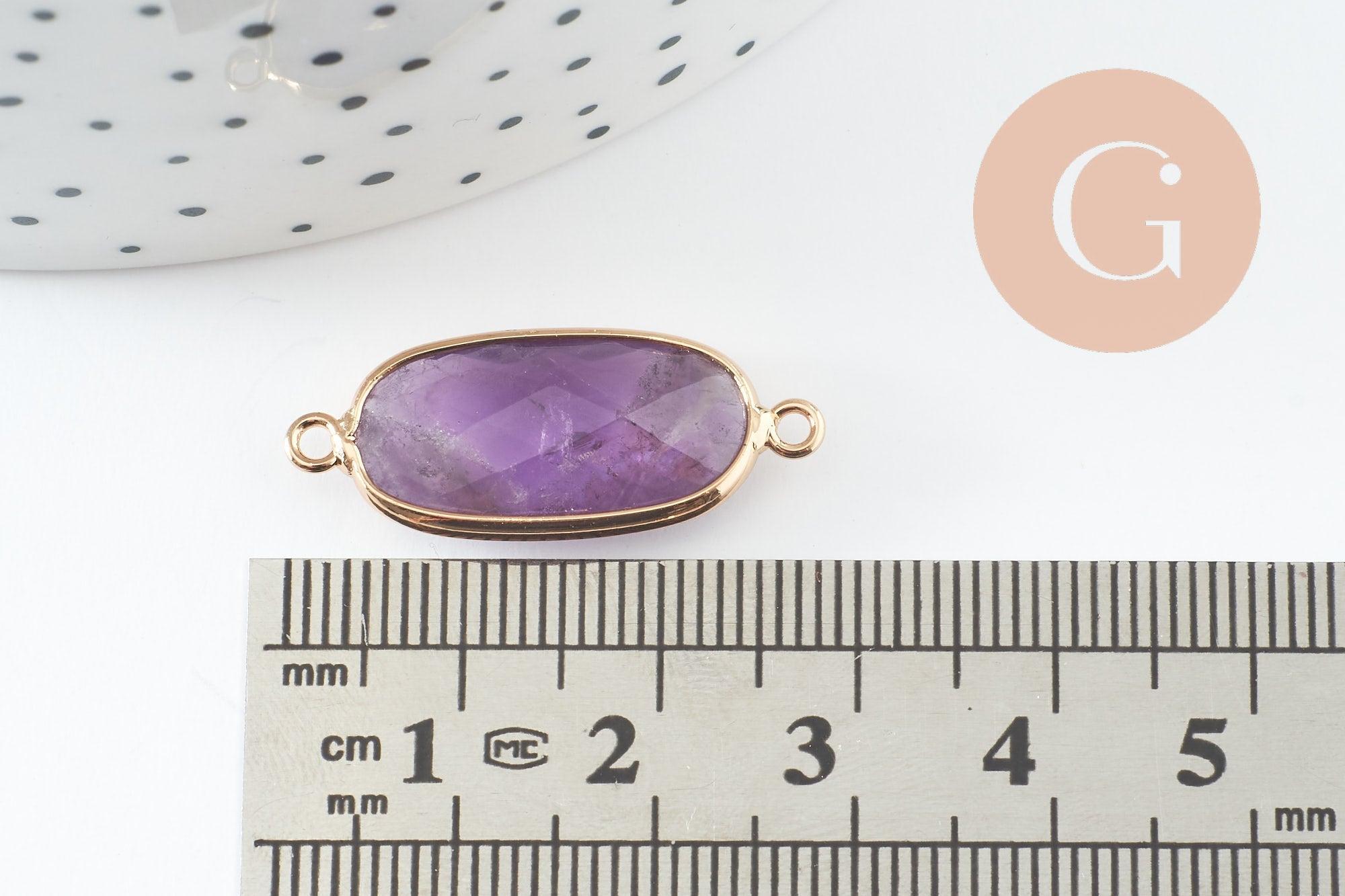 Pendentif Connecteur ovale améthyste naturelle laiton doré 27mm, x1 (G9929)