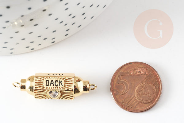 Pendentif Connecteur tube talisman zircon blanc laiton doré 18K 34mm YOU BACK, créations bijoux bonheur, x1 G9330